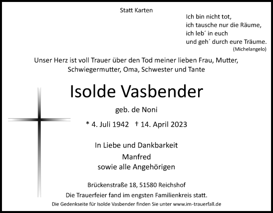 Anzeige von Isolde Vasbender von Kölner Stadt-Anzeiger / Kölnische Rundschau / Express