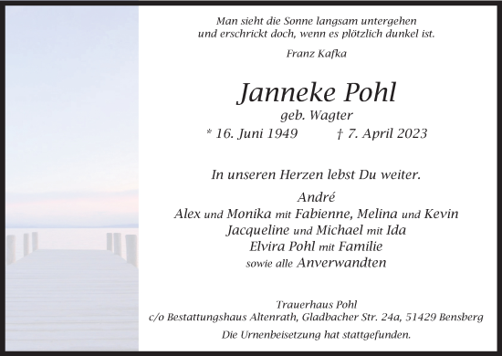 Anzeige von Janneke Pohl von Kölner Stadt-Anzeiger / Kölnische Rundschau / Express