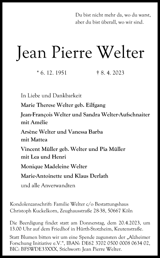 Anzeige von Jean Pierre Welter von Kölner Stadt-Anzeiger / Kölnische Rundschau / Express