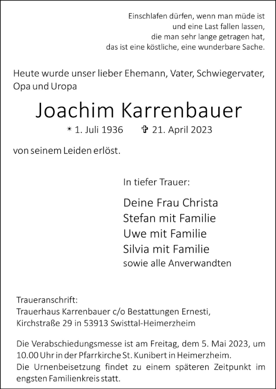 Anzeige von Joachim Karrenbauer von  Schaufenster/Blickpunkt 