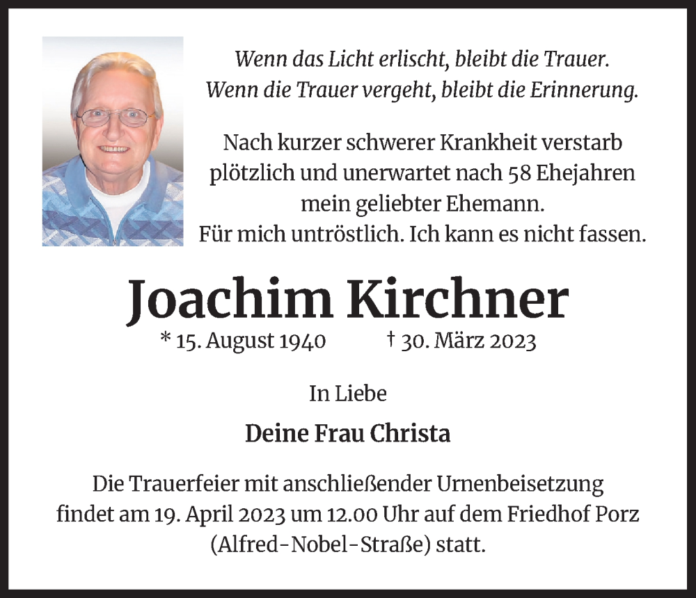  Traueranzeige für Joachim Kirchner vom 18.04.2023 aus Kölner Stadt-Anzeiger / Kölnische Rundschau / Express