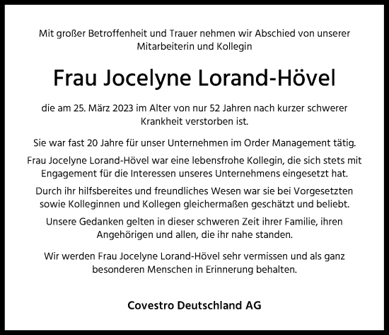 Anzeige von Jocelyne Lorand-Hövel von Kölner Stadt-Anzeiger / Kölnische Rundschau / Express