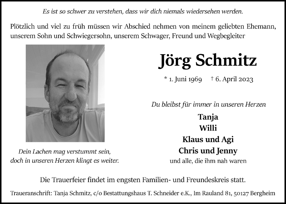  Traueranzeige für Jörg Schmitz vom 21.04.2023 aus  Werbepost 