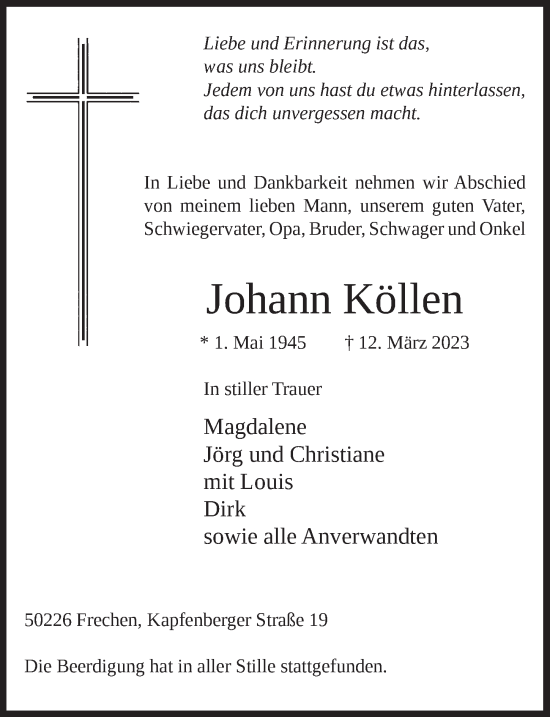 Anzeige von Johann Köllen von  Wochenende 