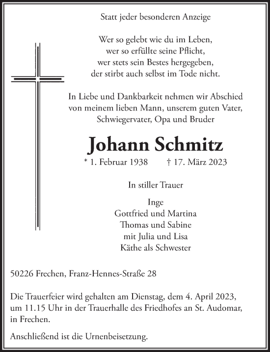 Anzeige von Johann Schmitz von  Wochenende 