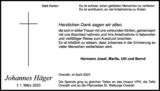 Anzeige von Johannes Häger von Kölner Stadt-Anzeiger / Kölnische Rundschau / Express