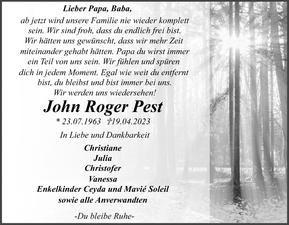  Traueranzeige für John Roger Pest vom 29.04.2023 aus Kölner Stadt-Anzeiger / Kölnische Rundschau / Express