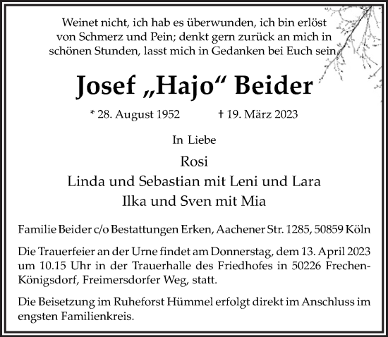 Anzeige von Josef Beider von  Wochenende 