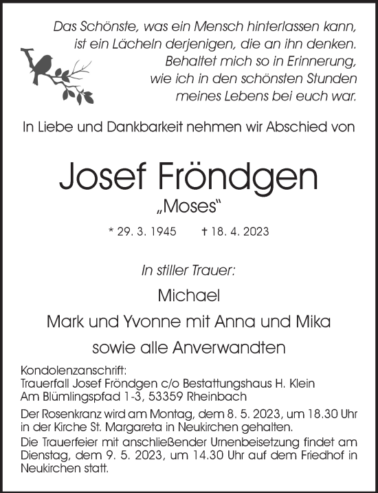 Anzeige von Josef Fröndgen von  Schaufenster/Blickpunkt 