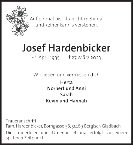 Anzeige von Josef Hardenbicker von  Bergisches Handelsblatt 