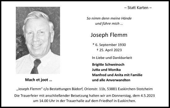 Anzeige von Joseph Flemm von Kölner Stadt-Anzeiger / Kölnische Rundschau / Express