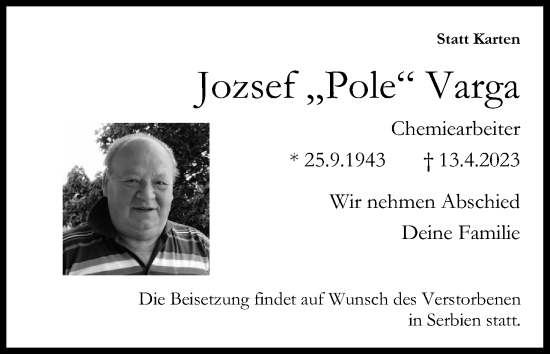 Anzeige von Jozsef Varga von Kölner Stadt-Anzeiger / Kölnische Rundschau / Express