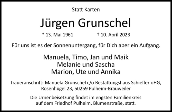 Anzeige von Jürgen Grunschel von  Wochenende 