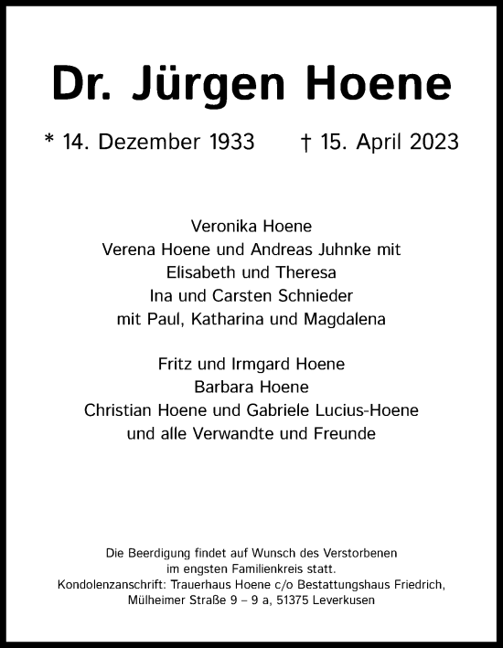 Anzeige von Jürgen Hoene von Kölner Stadt-Anzeiger / Kölnische Rundschau / Express