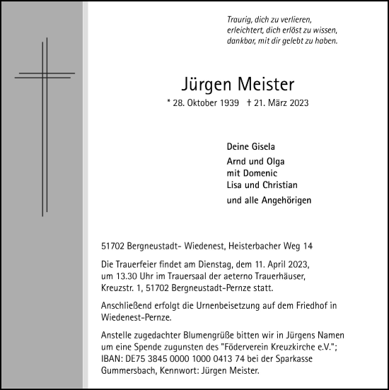 Anzeige von Jürgen Meister von  Anzeigen Echo 