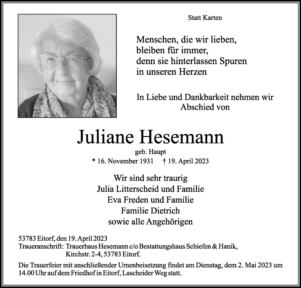  Traueranzeige für Juliane Hesemann vom 29.04.2023 aus Kölner Stadt-Anzeiger / Kölnische Rundschau / Express
