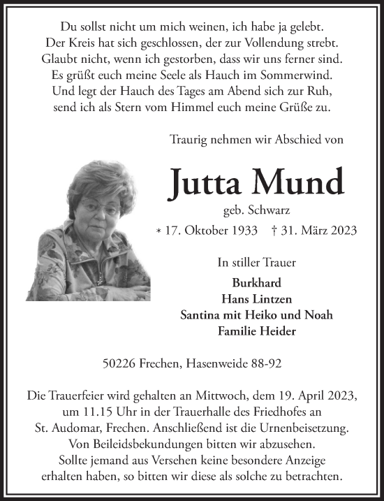 Anzeige von Jutta Mund von  Wochenende 