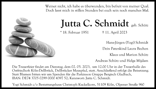 Anzeige von Jutta C. Schmidt von Kölner Stadt-Anzeiger / Kölnische Rundschau / Express