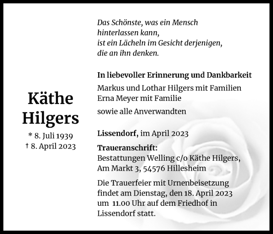 Anzeige von Käthe Hilgers von Kölner Stadt-Anzeiger / Kölnische Rundschau / Express