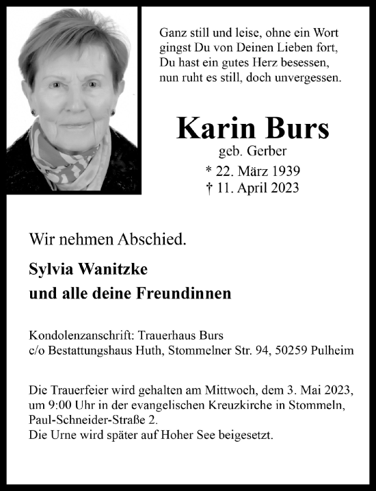 Anzeige von Karin Burs von  Wochenende 