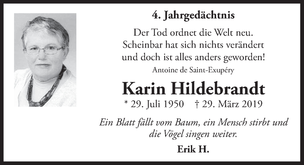  Traueranzeige für Karin Hildebrandt vom 18.07.2023 aus  Schlossbote/Werbekurier 