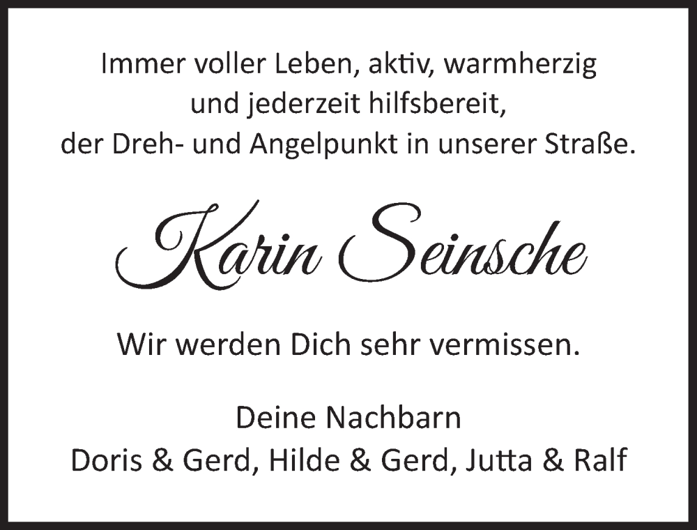  Traueranzeige für Karin Seinsche vom 31.03.2023 aus  Lokalanzeiger 