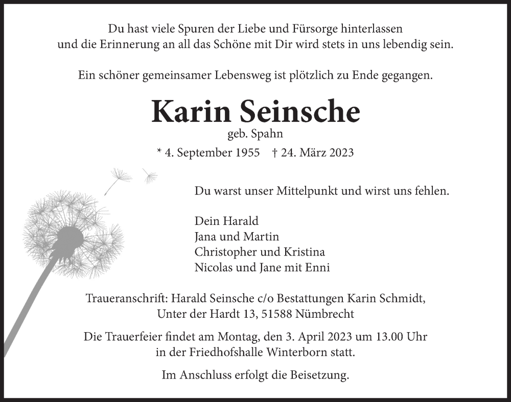  Traueranzeige für Karin Seinsche vom 31.03.2023 aus  Anzeigen Echo  Lokalanzeiger 