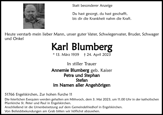Anzeige von Karl Blumberg von Kölner Stadt-Anzeiger / Kölnische Rundschau / Express