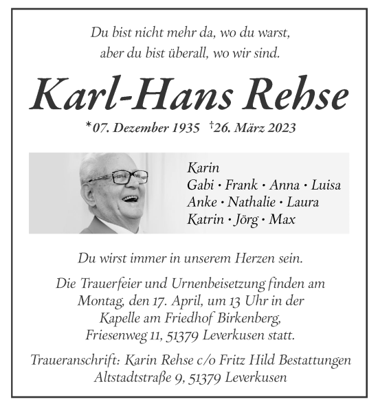Anzeige von Karl-Hans Rehse von Kölner Stadt-Anzeiger / Kölnische Rundschau / Express