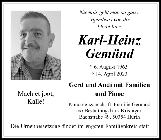 Anzeige von Karl-Heinz Gemünd von  Wochenende 