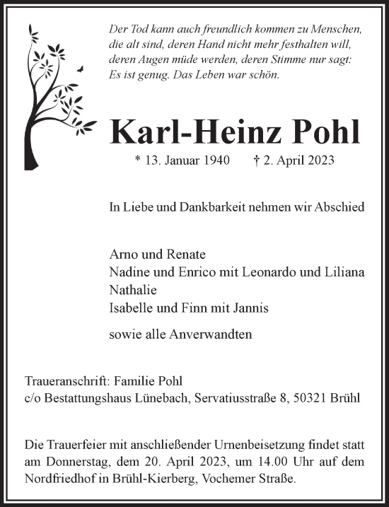Anzeige von Karl-Heinz Pohl von  Schlossbote/Werbekurier 
