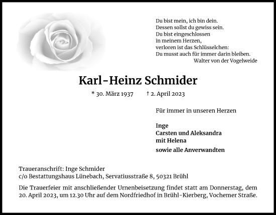 Anzeige von Karl-Heinz Schmider von Kölner Stadt-Anzeiger / Kölnische Rundschau / Express