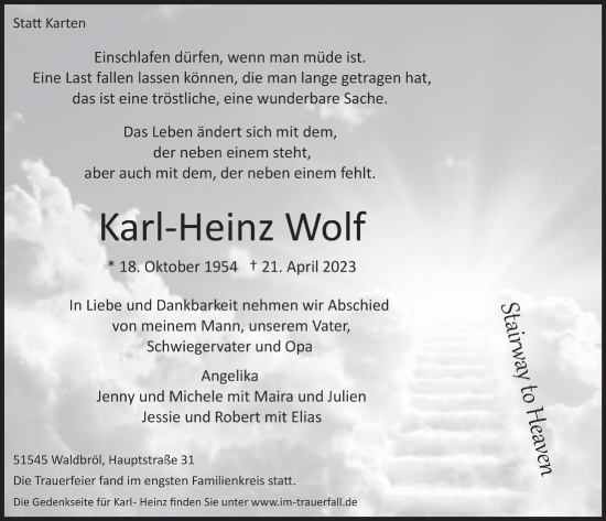 Anzeige von Karl-Heinz Wolf von  Anzeigen Echo  Lokalanzeiger 