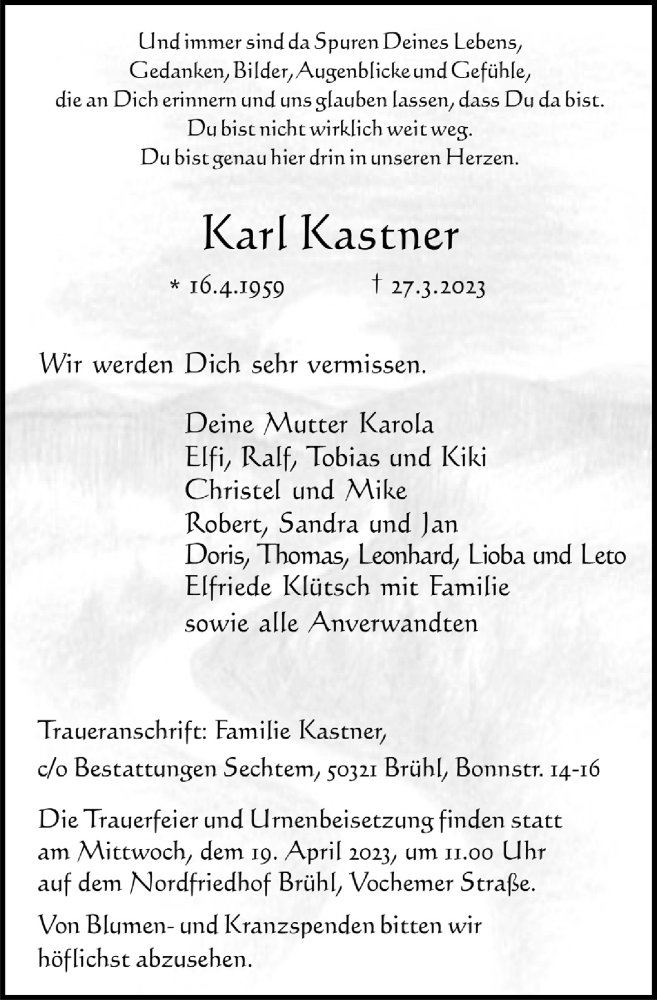  Traueranzeige für Karl Kastner vom 14.04.2023 aus  Schlossbote/Werbekurier 