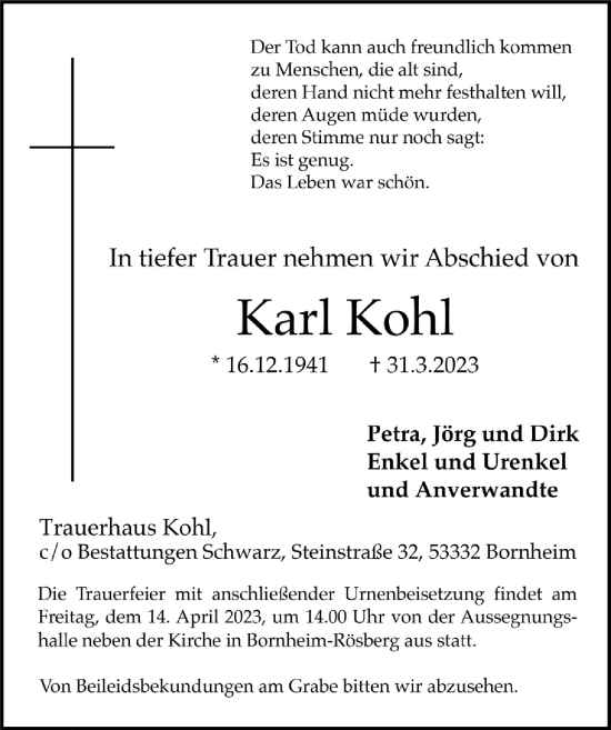 Anzeige von Karl Kohl von  Schaufenster/Blickpunkt 