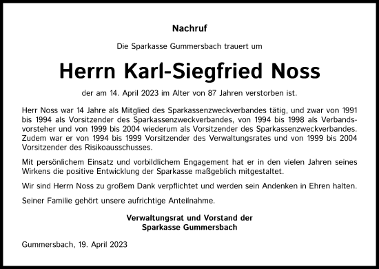Anzeige von Karl-Siegfried Noss von Kölner Stadt-Anzeiger / Kölnische Rundschau / Express