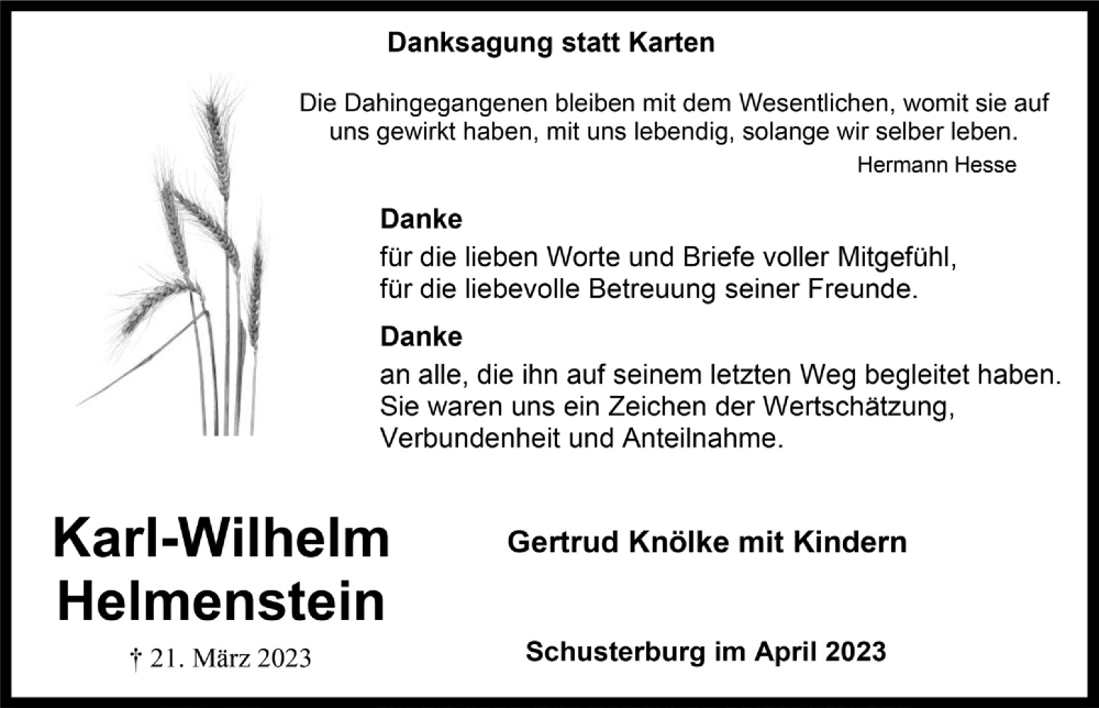  Traueranzeige für Karl-Wilhelm Helmenstein vom 28.04.2023 aus  Anzeigen Echo 