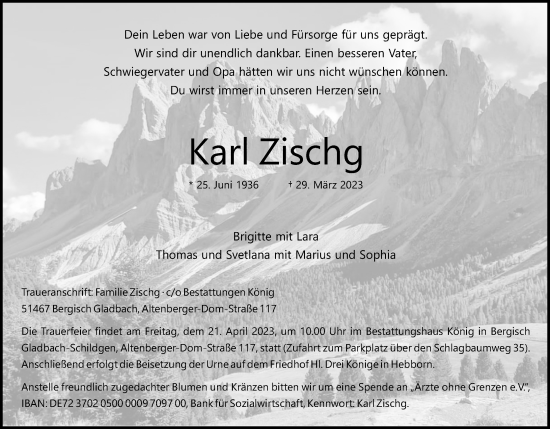 Anzeige von Karl Zischg von Kölner Stadt-Anzeiger / Kölnische Rundschau / Express