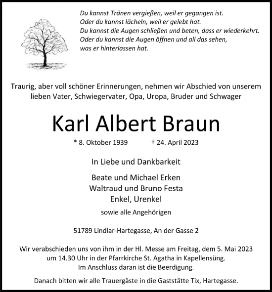 Anzeige von Karl Albert Braun von  Anzeigen Echo 
