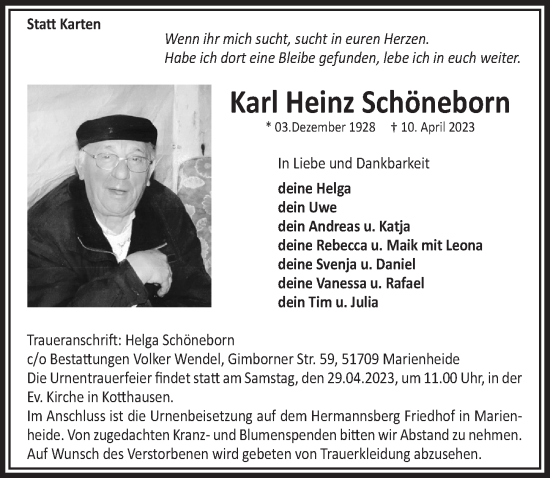 Anzeige von Karl Heinz Schöneborn von  Anzeigen Echo 