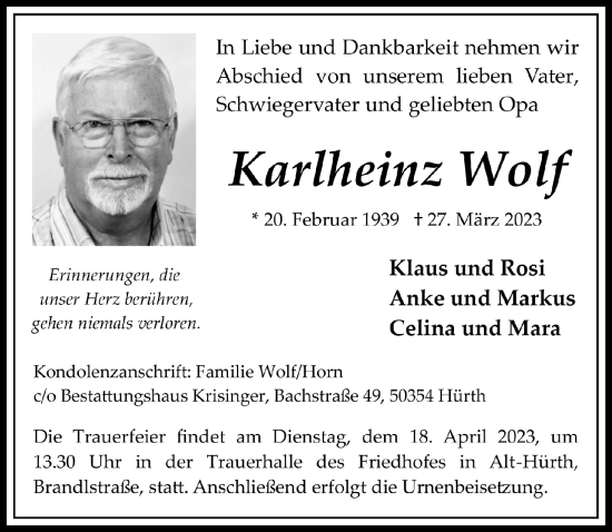 Anzeige von Karlheinz Wolf von  Wochenende 