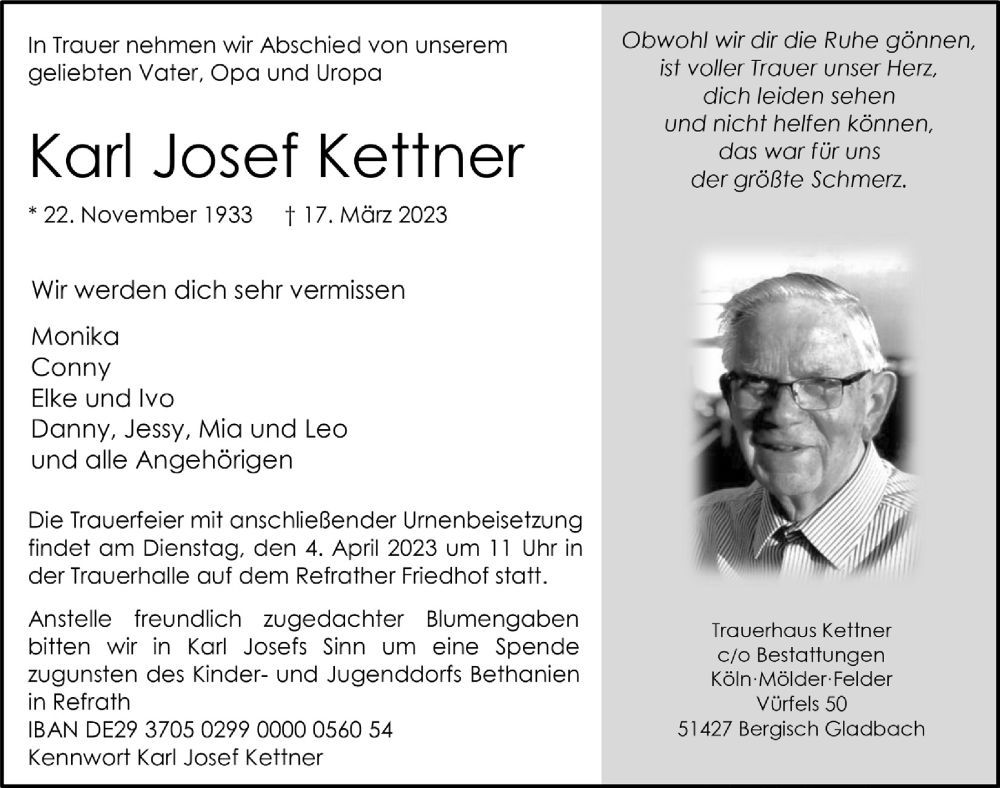  Traueranzeige für Karl Josef Kettner vom 31.03.2023 aus  Bergisches Handelsblatt 