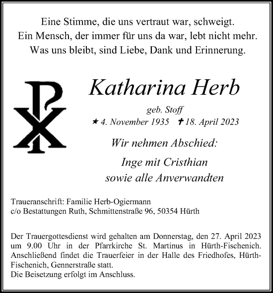 Anzeige von Katharina Herb von Kölner Stadt-Anzeiger / Kölnische Rundschau / Express