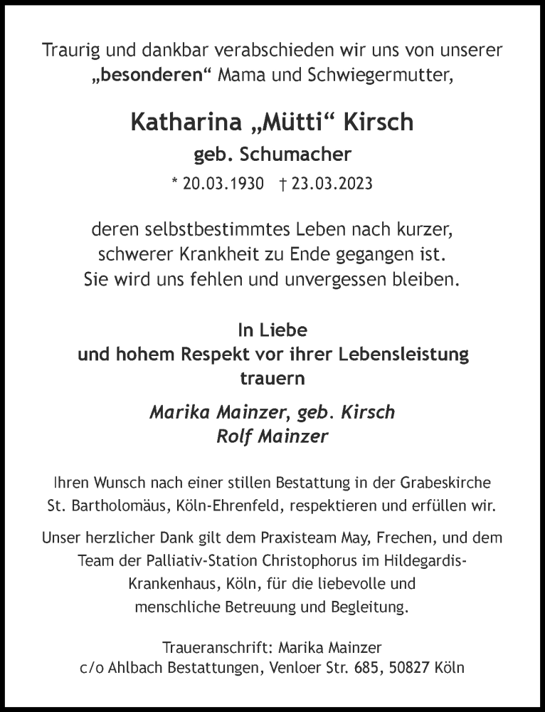  Traueranzeige für Katharina Kirsch vom 31.03.2023 aus  Wochenende 