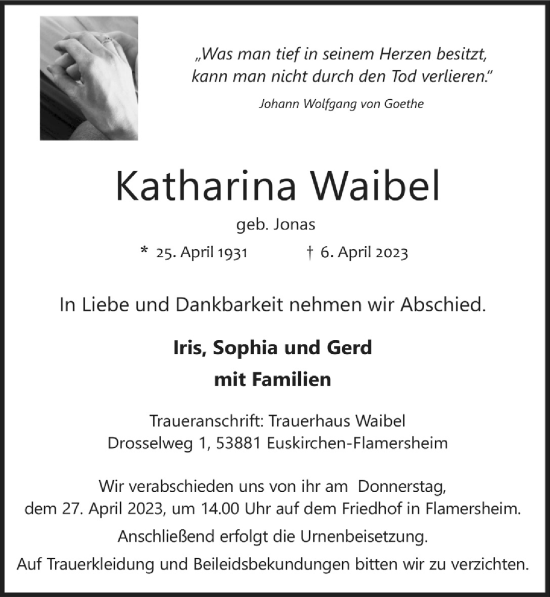 Anzeige von Katharina Waibel von  Blickpunkt Euskirchen 