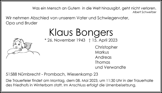 Anzeige von Klaus Bongers von  Lokalanzeiger 