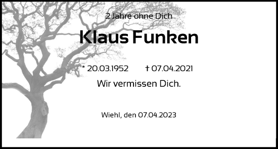 Anzeige von Klaus Funhen von Kölner Stadt-Anzeiger / Kölnische Rundschau / Express