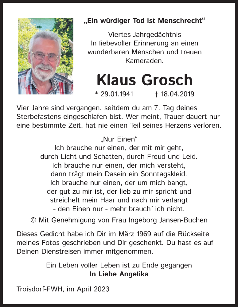  Traueranzeige für Klaus Grosch vom 18.04.2023 aus Kölner Stadt-Anzeiger / Kölnische Rundschau / Express