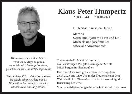 Anzeige von Klaus-Peter Humpertz von  Werbepost 