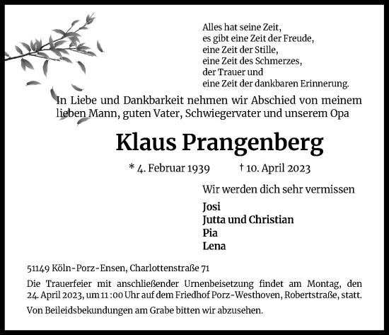 Anzeige von Klaus Prangenberg von Kölner Stadt-Anzeiger / Kölnische Rundschau / Express
